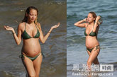 Nicole Richie怀孕游泳不忘抓住潮流。军绿色的比基尼演绎中性风潮。