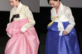 刘亦菲与片中另一位女演员惠英红（右）在韩宣传，入乡随俗都穿上了韩国传统服饰。