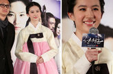 嫩黄色与粉色拼接的韩式传统服饰，让刘亦菲瞬间变身“粉”可爱的韩版“神仙姐姐”。