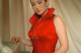 巩俐戛纳经典造型——红色高翻领旗袍。