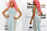 又一为雷神Nicki Minaj 水蓝色的Mark Fast连身裤加上粉色长发，如此“凹凸有致”的身材也成为其标志性的装扮的必备条件。
