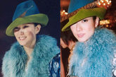 郑秀文从来都有自己的一套潮流风格，而色彩是她最常应用的元素。图中蓝色与绿色撞色的欧式礼帽搭配湖蓝色皮草，存在感十足的搭配方式你敢尝试吗？