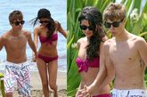 Justin Bieber和女友Selena Gomez在夏威夷毛伊岛沙滩度假。看90后明星的装扮。