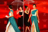 第14届上海国际电影节开幕红毯，张梓琳绿色单间礼服尽显世姐风采。