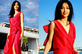 李冰冰在戛纳期间于海滩拍摄大片，一条红裙大秀别样异国风情。

