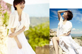 白色长裙漫步戛纳海边，清新而舒适，搭配米色小披肩，既能抵挡阳光，又打出了层次感。