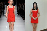 张梓琳出席影片《硬汉2》北京首映式，红色Versace小礼服裙穿出别样俏皮感，平整的立体剪裁加入了几何透视或嵌入皮革线的设计，增添运动前卫感。露腰细节成为重点，给了女人们更多展现自信的空间。