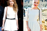 泰勒·史薇芙特(Taylor Swift) 和 凯特·波茨沃斯 (Kate Bosworth) 
同款裙装在Taylor Swift身上就显得多了一股英伦效应，独到之处就在于那款精致的小短靴，比起Kate Bosworth的装扮明显要多一份品味。

