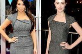 金·卡戴珊 (Kim Kardashian) 和 玛德琳·奇玛 (Madeline Zima)
Kim Kardashian的身材真的很占优势，想撑起这样的裙装没有强大的三围支撑就有点悲剧了，Madeline Zima在这款裙装的厚重材质下就显得有点“平板”。

