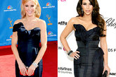 朱丽·鲍温 (Julie Bowen) 和 金·卡戴珊 (Kim Kardashian)
Julie Bowen和Kim Kardashian小姐的装扮本无太大区别，手包的选择让Julie Bowen更有看点去抓住别人眼球，在于裙装本身的剪裁更有助于Kim Kardashian发挥自身身材魅力，这样的裙装反倒让Kim Kardashian显得更加雍容。
