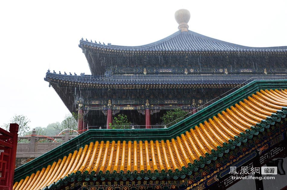 青檐绿树黄瓦 蒙蒙细雨中记录油画般的宝陀寺