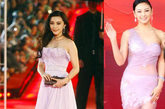 在上海电影节上，张雨绮与范冰冰同时选择了淡紫色的礼服，冰冰的这件温婉柔美，张雨绮的透视装则更显示出她抢镜的野心，两人各有看点。
