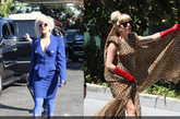 Gaga仍然发挥她的“雷后”精神，连换两套雷人服装，一套是摇弋生姿的豹纹拖地长裙，超大拖尾让Gaga得一直拎着裙子，但她仍旧镇定自若大秀。而另一套则是蓝色套装，添上她酷爱的“激突铁胸”。