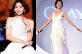 林志玲这样看还真像个白雪公主，雪白裙加羽毛的点缀，高贵奢华，右图的收腰深V长裙，曲线显得更加完美。