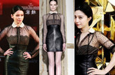 徐若瑄VIVIAN穿着Valentino 2011早秋蕾丝拼接皮短裙踏上红毯。范冰冰早前在戛纳的度假行装当中则曾经穿过这一身黑色薄纱装。谁穿这身更给力？