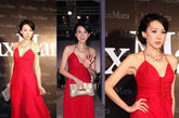 萧蔷一袭火艳红装魅惑撩人，牛奶般的凝脂美肌与艳丽的红色长裙形成鲜明的对比，成为全场瞩目的焦点，尽展身材优势。