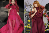 弗洛伦斯·韦尔奇(Florence Welch)可真是2011秋冬古琦（Gucci）礼裙的头号粉丝了，不仅拥有一件黄色的褶花边镶嵌礼裙，还拥有这款大花朵镶嵌于肩头的深红色礼裙，这件礼裙将超大量的花朵装饰集中于颈后，就像戴了花环一般，拥有荣耀。