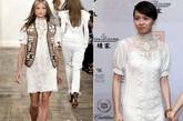 梁咏琪身穿Ralph Lauren 2011春夏蕾丝复古款短裙，白色的蕾丝款式清纯可人。


