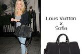 西耶娜·米勒 (Sienna Miller) ：Louis Vuitton(路易·威登) Sofia手袋低调的商旅造型被很多明星看好，和简单的通勤装搭配让整体感觉很精明。
