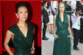 2011年4月1日DVF首度登陆中国，在上海大秀派对时章子怡身着这款deepV礼服，肩部设计拉长了视觉身材比例，低调的墨绿色透着闪耀奢华，不巧和卡罗莱娜·科库娃 (Karolina Kurkova) 撞衫显出了一丝老气。
