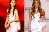AngelaBaby与麦莉·塞勒斯（Miley Cyrus）同穿玛切萨 (Marchesa) 2011春季裹身连衣裙，AngelaBaby铆钉鞋增强了整体气势，而麦莉·塞勒斯（Miley Cyrus）的水晶鞋则提升仙女气息。两人同穿大牌衣，各有千秋。