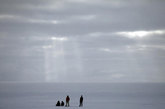 在这张2011年7月15日的照片中，研究员于闲暇时聚于“峰顶站”旁约两英里高的冰上。这处偏远的研究站点由美国国家科学基金会（NSF）运作，海拔1万500英尺，位于格陵兰岛冰原的顶部。横越格陵兰岛广大的白色地域，由世界各地的研究者组成的团队正在寻找关于全球变暖对格陵兰岛的冰构成潜在影响的线索。