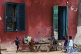 8月25日，在距塞内加尔首都达喀尔三公里的奴隶岛，几个三、四岁的孩子在踢足球。新华社记者 刘宇摄