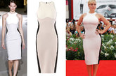 英国女星凯特-温丝莱特 (Kate Winslet)在威尼斯的红毯上选择了与其设计师同名的品牌斯特拉-麦卡特尼 (Stella McCartney)的一条黑白塑形连衣裙，这件连衣裙在颜色分布上十分讲究，两条黑色分布于身体两侧，起到了很好的瘦身效果，同时也将熟女的迷人曲线勾勒的十分完美。