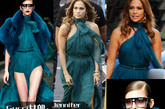 Gucci 2011 秋冬系列深青色长裙
没有立体花披肩装饰的詹妮弗·洛佩兹(JenniferLopez)则把裙装的飘逸效果演绎的十分完美，经典的礼服款式加上复古的丝巾造型显得优雅贵气，深青色为她赋予了冷艳的个性更加迷人。
