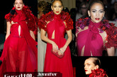 Gucci 2011 秋冬系列红色拼接立体花长裙
詹妮弗·洛佩兹(JenniferLopez)这身装扮很容易联想到浪漫、香艳的美人形象，腹部的中空设计性感高调，配合立体花造型的披肩显得极尽奢华效果。
