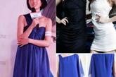 桂纶镁的这身蓝色斜肩裙，彰显她一贯简约知性的美，搭配白色高跟鞋，上下呼应很有型。
