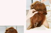Step3：在剩下的头发中选取大约四分之三的头发，我们从右往左边把发束扭转至刚才的编发处，并以黑色发夹加以定型固定，至于剩下的四分之一发束我们让它自然搭在胸前。 