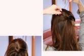 Step3：接着我们选取发尾出二分之一的头发以交叉的形式向上拧（如图中的是把右边的一撮拧至左上方，注意只需要拧一边即可）。 