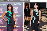 绿黑撞色诠释干练：图丽莎亮相《X Factor》伦敦首映礼，身穿Versace2011春夏连衣裙，很有OL风格，干练的气质凸显。