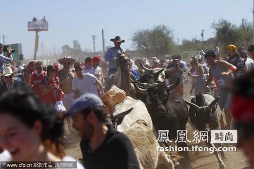 美式奔牛节举行 人牛同场赛跑