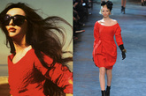 品牌：Lanvin 2011 FW RTW。红色的大领裙不经意的露出性感的锁骨才是魅力所在。范冰冰的长发与大大的黑色墨镜为简单的红色加分不少。