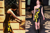 品牌：Versace 2011 FW RTW。黑色的单肩小礼服高开衩的设计让双腿在不经意间展现性感，黄色与紫色相间的色彩在深色的裙身上反而有种别样的魅力。香奈儿的黑色大LOGO手环与整体的感觉十分相称，一个小配饰带出一抹不一样的味道。