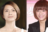 　李心洁

　　（左）旧发型：偏分直发刘海儿用弧度修饰脸型；（右）新发型：齐刘海儿多了份可爱，空气感的自然烫发让发型更清新减龄。 