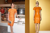 李嘉欣的橘黄色古琦（Gucci）连衣裙也选用了一字领的造型，整条裙子非常干净利落，更加突出了一字领提升气质的作用。
