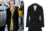 Kate Bosworth出街购物，黑色Bueberry大衣内搭黄色打底裙点睛，黑丝袜与中筒靴子的搭配也很给力。