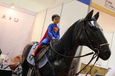 2011中国（上海）国际马业展览会上来自东南亚的小男孩身着超人服装骑在了一匹假的黑色高大骏马身上。
