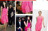 林志玲对大牌连衣裙情有独钟，这条桃红色的连衣裙将肤色衬的十分白皙，在国外秀场上也毫不逊色。
