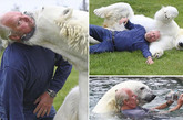加拿大老人与凶猛北极熊成朋友

2011年7月，一名加拿大的无畏老人与凶猛无比的北极熊肆意玩耍的视频惊现网络，并引起外国网友的强烈关注。这名胆识过人的老人名叫马克·阿博特·杜马斯，现年60岁，来自加拿大不列颠哥伦比亚省。这只被他视作亲密朋友的北极熊叫做阿吉，今年还只有16周岁，但体重目前已有726斤。据称，马克是世界上目前唯一一位能够触摸北极熊的人。

