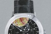 这只梵克雅宝手表是VCA以19世纪法国科幻小说家作家儒勒·凡尔纳为灵感推出的系列作品之一，是继在日内瓦高级钟表展（SIHH）展出“气球上的五星期”系列之后的第二集。一颗远处的星星象征着好运，儒勒·凡尔纳所想象的火箭向着银河系进发，身后由精巧珐琅构建的绿色的山峰和蓝色的海洋渐行渐远。在逆跳机芯的能量驱动下，宇宙飞船继续踏上探月之旅。飞船甚至要躲闪途中的陨星。表盘和飞船上都嵌饰着翡翠、玛瑙和内填珐琅，而尤为重要的是，月球周围所环绕的陨石，是真正的来自外太空的陨石——这足够让在场所有男士们心跳加速了！

