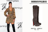金·卡戴珊（Kim Kardashian）:名媛Kim Kardashian是圈内有名的时尚领头人，雪纺上衣让人眼前一亮，黑色柔软皮质的过膝靴扮演了裤袜和靴子两种角色，一举两得。令人过目不忘。
