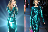 李玟：
Dolce&Gabbana秋冬亮面裙装再现李玟大牌风范，颜色渐变的厚水台高跟鞋也为她增色不少。
