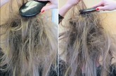 要打造高耸和丰满的发髻，这一步是关键。用梳子倒刮头发使其充分蓬松。