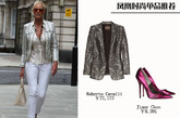 布里吉特-尼尔森 (Brigitte Nielsen)印花款式，时尚前卫的小西装外套。修身的款式完美显瘦，印花演绎复古时髦气质。再配上尖头细高跟鞋，女王范儿十足。
