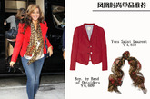 碧昂丝-吉赛尔-诺斯（Beyonce Giselle Knowles）红色小西装，超修身的牛仔裤勾勒完美身形线条。红色多了几分节日气息，临近圣诞，可以考虑这身装扮哦~