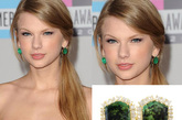 扇形的吊坠耳环配上泰勒·史薇芙特 (Taylor Swift)复古迷人的发型更增加了高贵感，简单却充满女人味的青色抹胸裙与耳环呼应的恰倒好处。